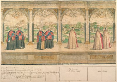 Denkbeeldige samengestelde processie van de Ridders van de Kousenband in Windsor, gegraveerd door Marcus Gheeraerts de Oudere, 1576 door English School